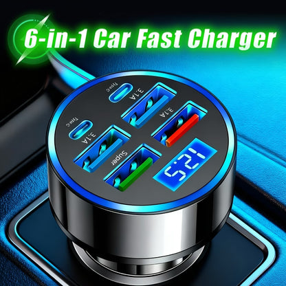 6-in-1 Fast Car Charger with Digital Display